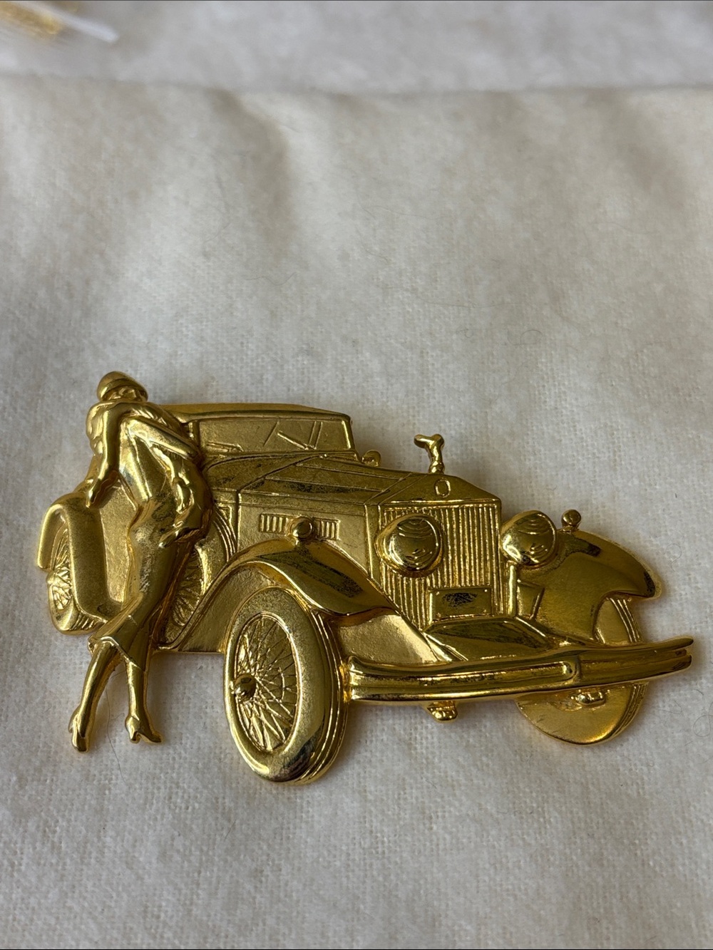 Vintage Park Lane JJ Art Deco Flapper Woman with Rolls Royce Gold Tone Brooch